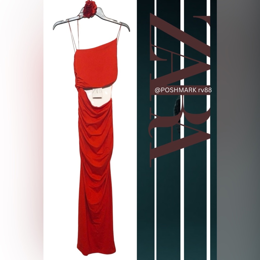 ZARA Red Cut Out Asymmetrical Midi Dress With High Slit - Picture 3 of 5